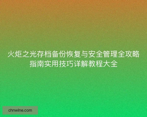 火炬之光存档备份恢复与安全管理全攻略指南实用技巧详解教程大全 火炬之光存档备份恢复与安全管理全攻略指南实用技巧详解教程大全